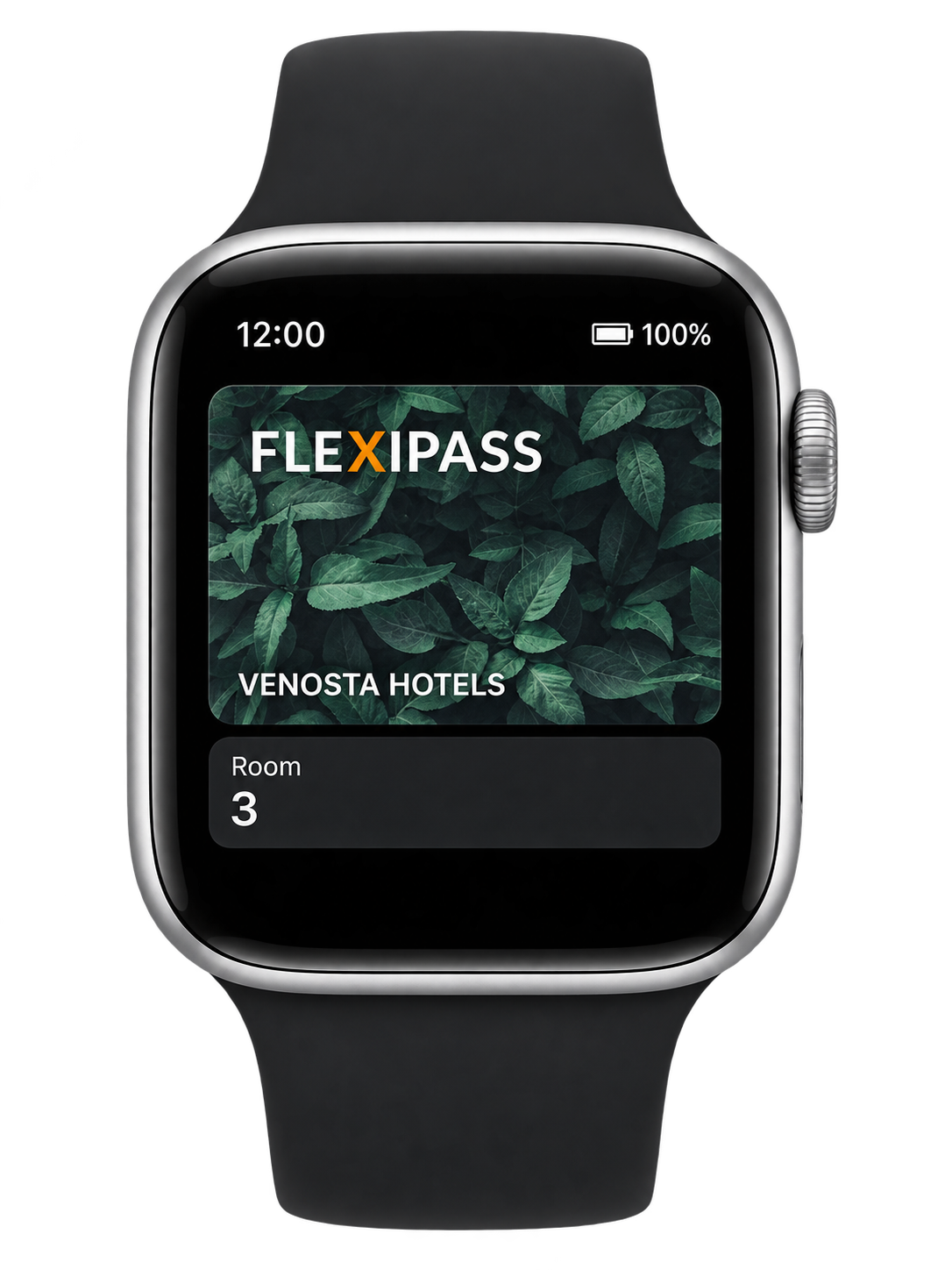 Watch displaying the FLEXIPASS leaf Wallet Key and room 3