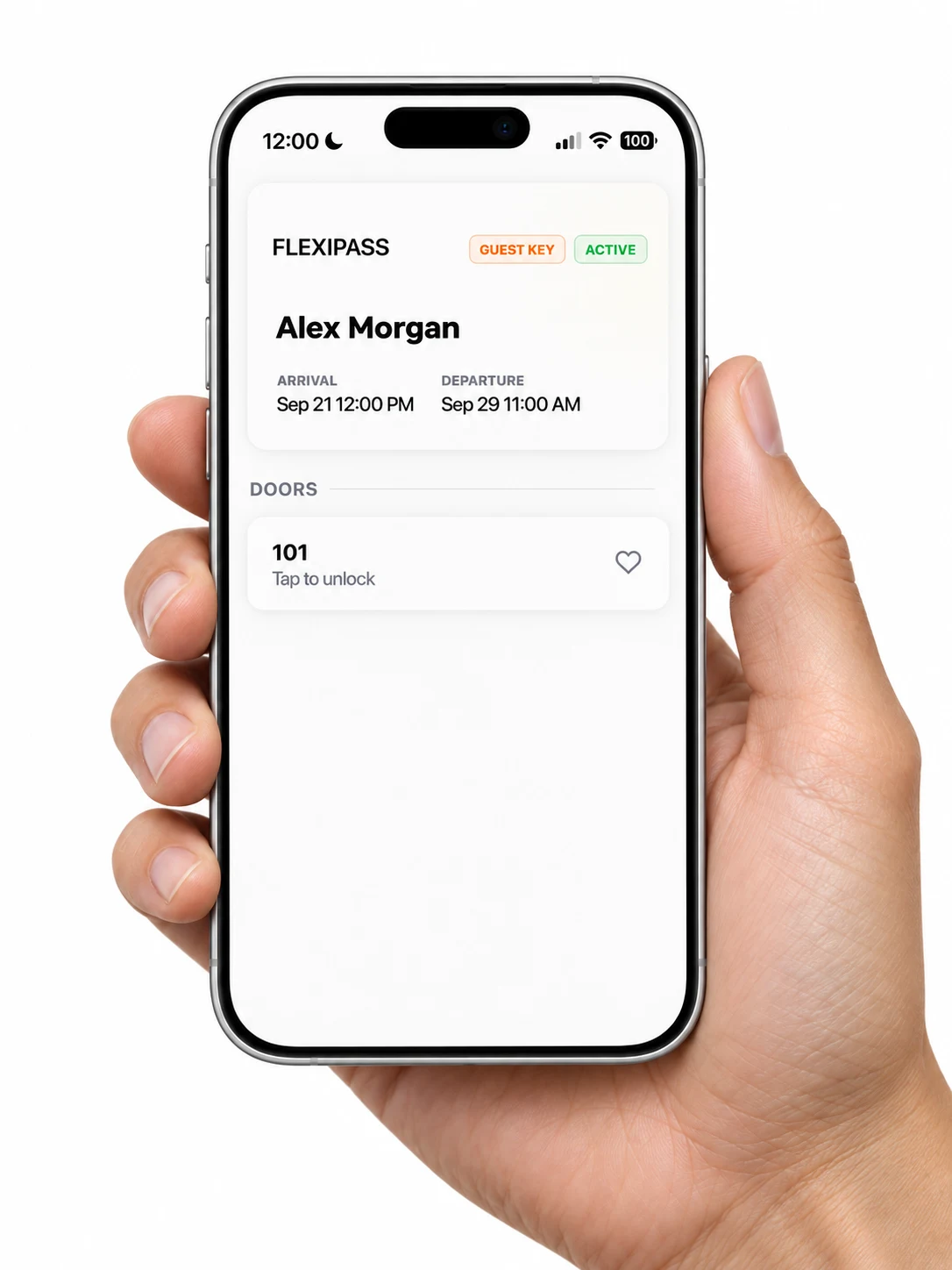 Hand holding a phone showing a FLEXIPASS Webkey for room 101